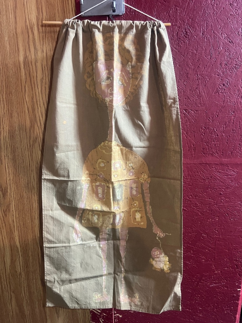 Vintage Batik Whimsical Girl with Doll Textile Wall Art Brown Pink Orange Boho